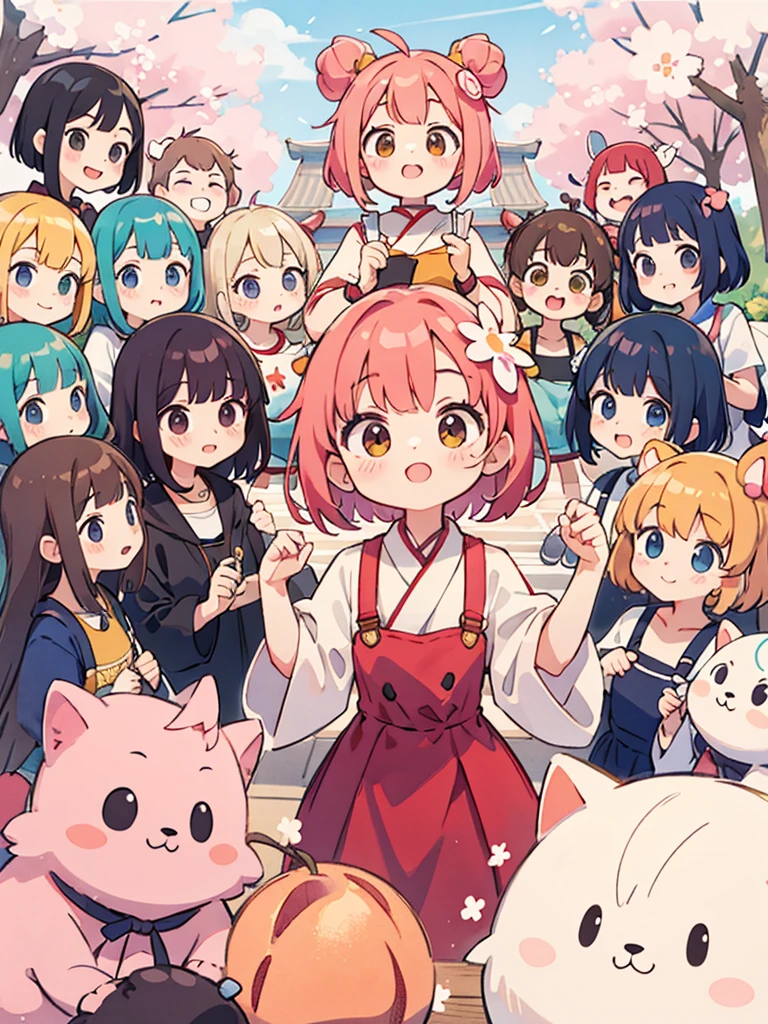 Peach Sakura Style, kawaii design, (((10 people)))、The most beautiful girl、Red Cliff, Colorful bob hair、((Lots of friends))、let'Explore Mars together