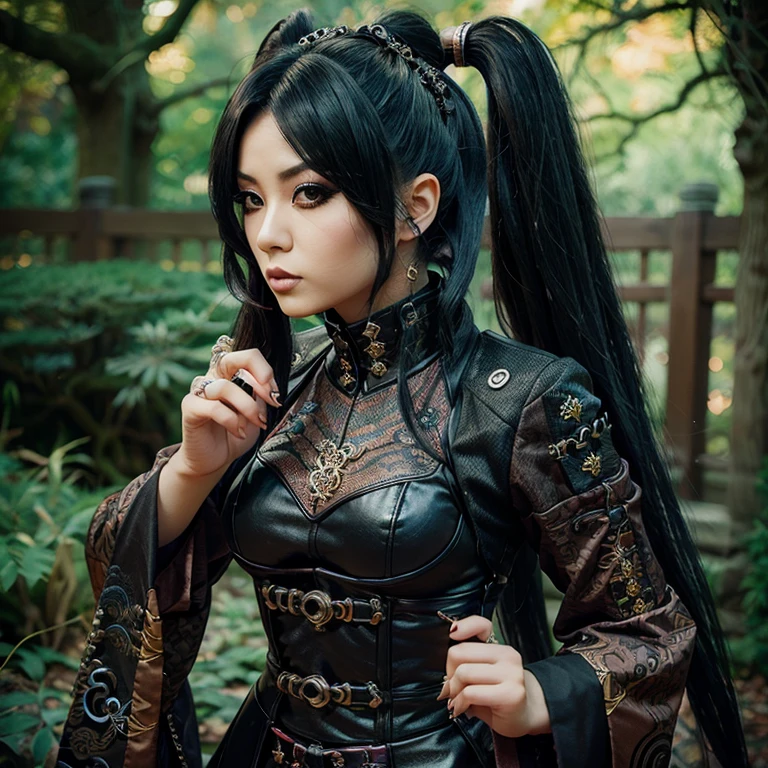 1 Japanese rocker, female, Asian eyes, dragon, hairstyle in Visual Kei style, hair Visual Kei, outfit rocker,  ultra-detailed face and eyes, hyper-realistic, realistic representation, 30 years old, age 30 years, full body, black and blonde hair 