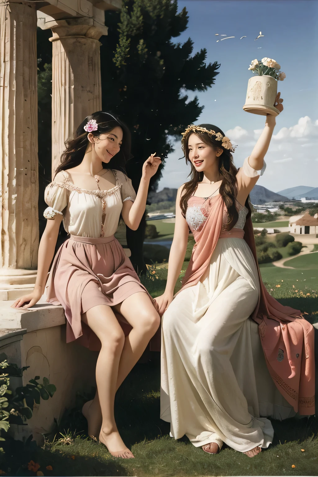 full body portrait or statue、Sandro Botticelli painting style,Arguments of two female Philosophe,math、astronomical machine、astronaut、roses in vase、fruits、Cute trinkets、smile、ancient greek costume、Ancient Roman landscape in the style of Nicolas Poussin,laughter,,Sweet and seductive appearance.、Caravaggio's paintings、Chiaroscuro of Caravaggio、hair tousled by the wind,Two women frolicking,cute smile, expression of ecstasy,Sexy,erotic