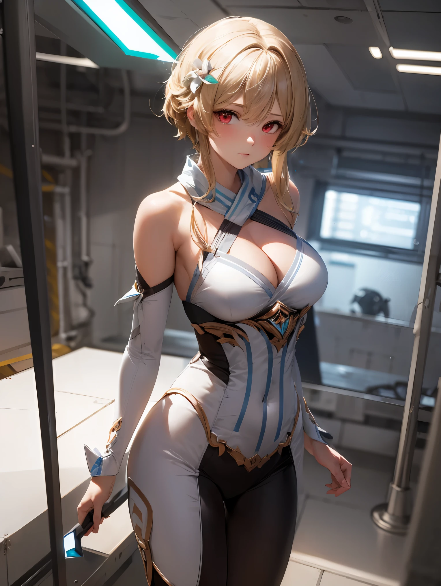 1girl, solo, luminedef, cleavage, (glowing red eyes)
BREAK (red bodysuit:1.2),
BREAK (Overhead view),dynamic angle,close-up, straight on, (expressionless,closed mouth),(standing), (mechanic room with toolsand spaceship windowin a white SPACESHIP),
BREAK ((top quality, 8k, masterpiece: 1.3, ultra hd, high quality, best quality, high definition, realism)), sharp focus: 1.5, Beautiful woman with Slim body, (perfect hands, perfect anatomy),