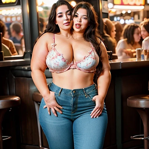 Your two headed massive fat wife conjoined to your fat daughter fully clothed in a pair of jeans and a bikini top on the naturally fused two headed conjoined body embracing passionately. Her two distinct heads are clearly embracing as she accidentally kisses your daughter on the lips in front of you while you’re on a date with her at a busy bar. Your daughter is clearly embarrassed and doesn’t want to be conjoined to your absolutely beautiful wife on such a massive two headed body but is too drunk to care as she returns the kiss.