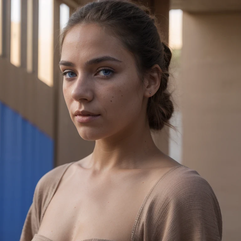 photo of a college student, in Desert Color Coarse Linen Pink,Desert Color Coarse Linen, (freckles:0.8) cute face, sci-fi, dystopian, detailed eyes, Heterochromia eyes((Side view))(Dune 2)((Cobalt blue eyes))