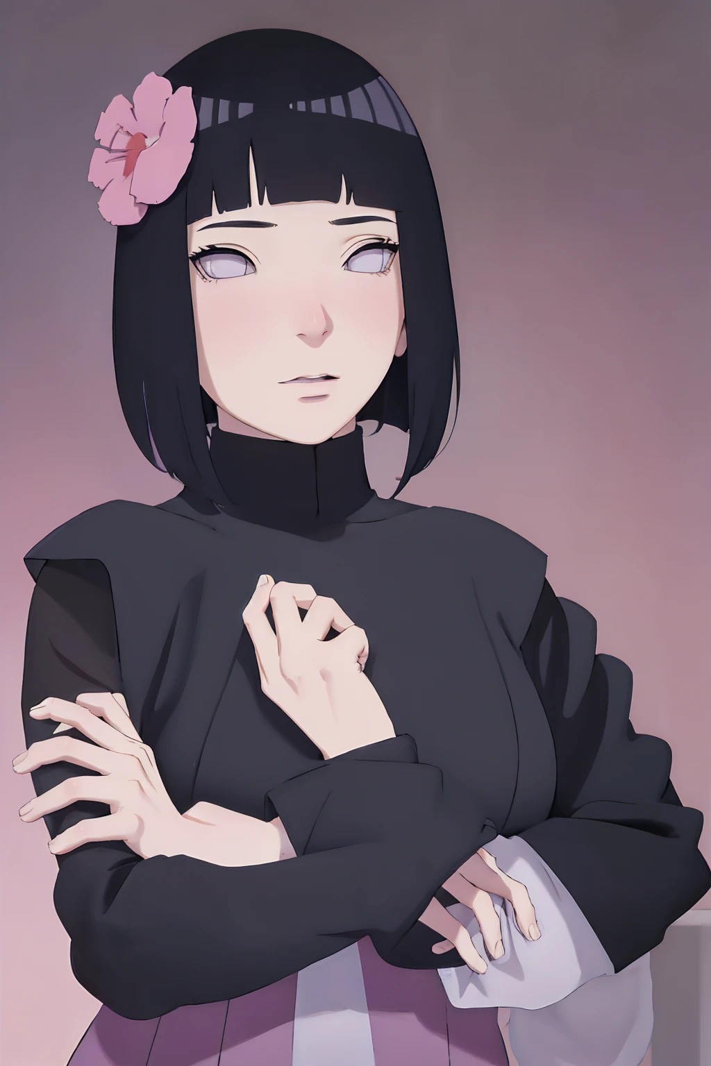 masterpiece, absurdres, hinata\(boruto\), 1girl, solo,mature female, tshirt long sleeve, black dress, black pant, high waist short skirt, looking at viewer, (falling petals), perfect composition, detailed lips, big breast, beautiful face, body propotion, blush, (pink lips), long hair, purple eyes, soft gaze, super realistic, detailed, photoshoot, realistic face and body, thighhighs, happy, closed mouth