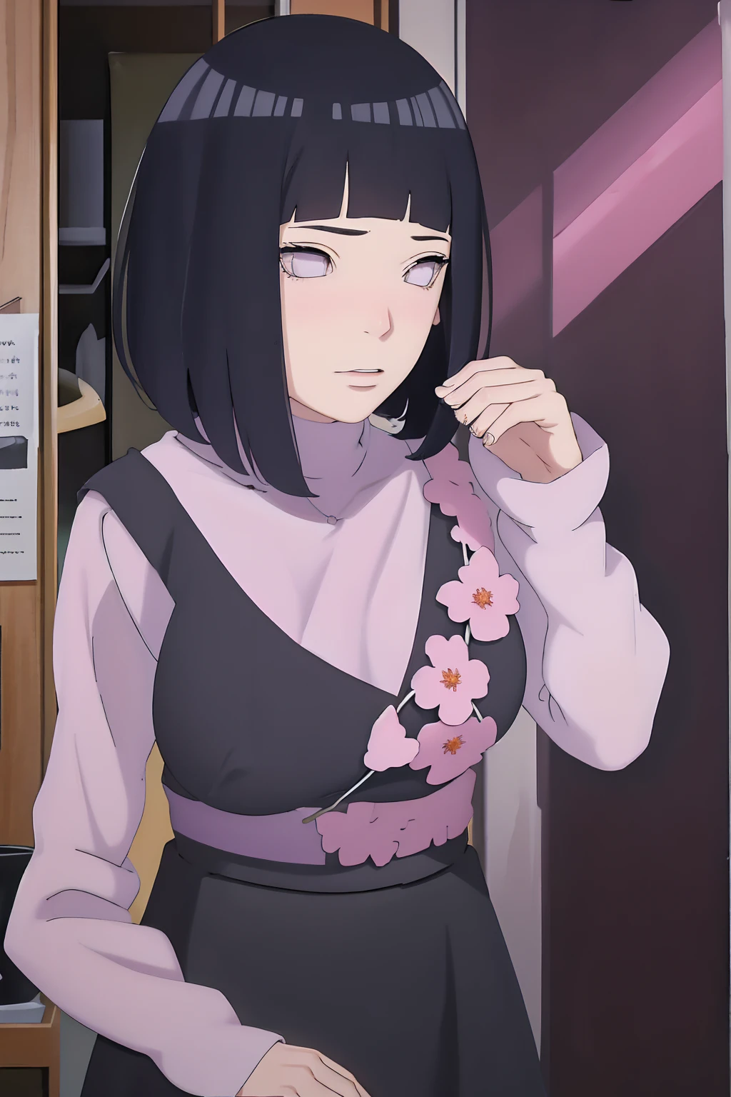 masterpiece, absurdres, hinata\(boruto\), 1girl, solo,mature female, tshirt long sleeve, black dress, black pant, high waist short skirt, looking at viewer, (falling petals), perfect composition, detailed lips, big breast, beautiful face, body propotion, blush, (pink lips), long hair, purple eyes, soft gaze, super realistic, detailed, photoshoot, realistic face and body, thighhighs, happy, closed mouth
