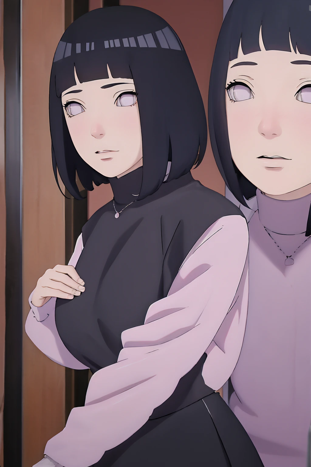 masterpiece, absurdres, hinata\(boruto\), 1girl, solo,mature female, tshirt long sleeve, black dress, black pant, high waist short skirt, looking at viewer, (falling petals), perfect composition, detailed lips, big breast, beautiful face, body propotion, blush, (pink lips), long hair,  purple eyes,  soft gaze,  super realistic, detailed, photoshoot, realistic face and body, thighhighs, happy, closed mouth