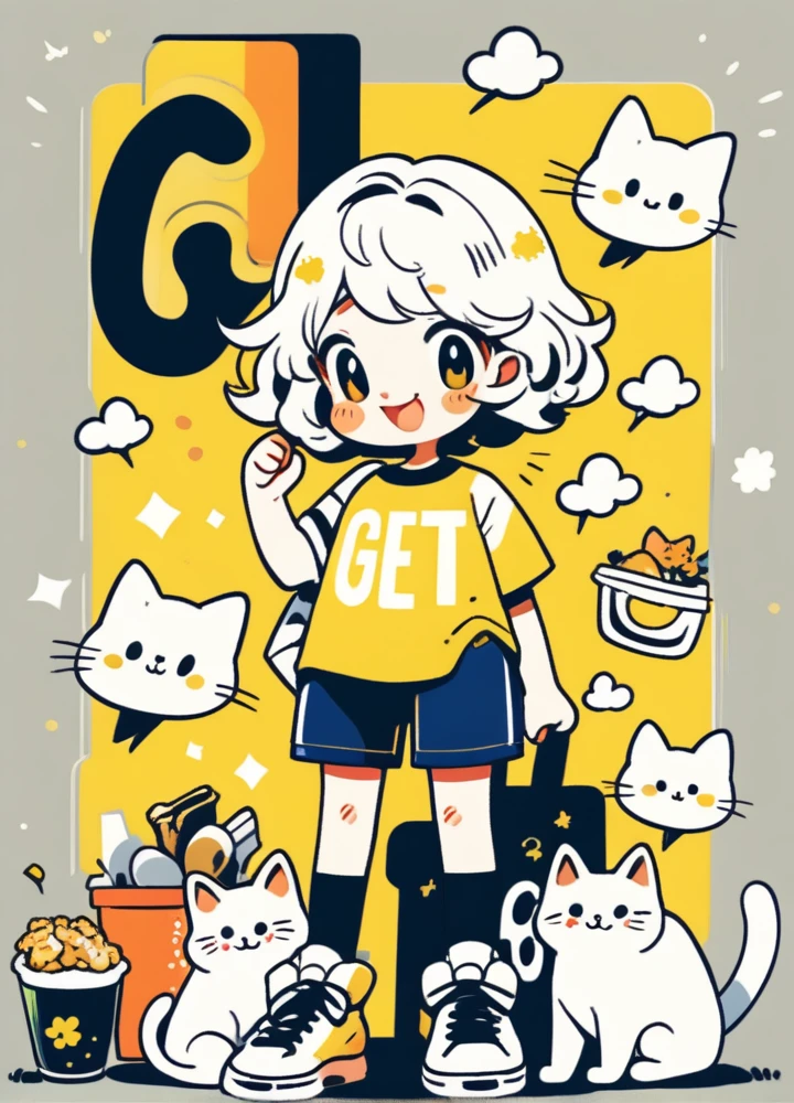 Cute comics, 1 Girl, shirt, yellow shirt, shoe, background, white hair, Solitary, Short sleeve, 蓝色shoe类, short hair, 簡單的background, Cat, Smile, Keep, sock, permanent, whole body, Looking at the audience, white Cat, white sock, Bangs, sign, Keep animal, black eyes, blush, Keep Cat