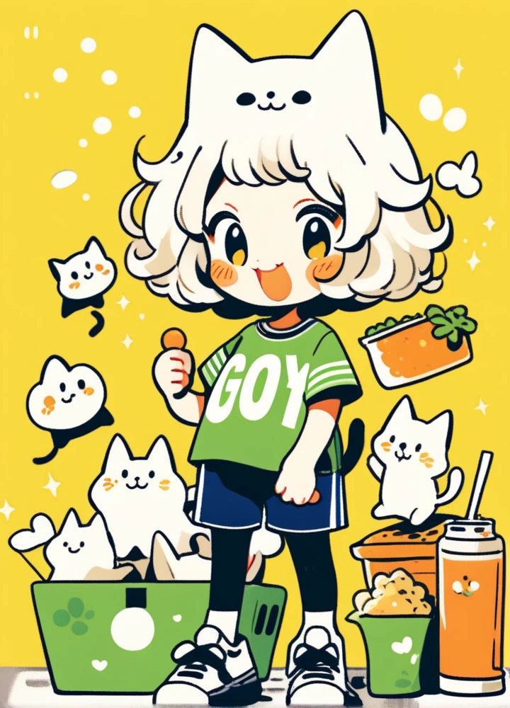 Cute comics, 1 Girl, shirt, yellow shirt, shoe, background, white hair, Solitary, Short sleeve, 蓝色shoe类, short hair, 簡單的background, Cat, Smile, Keep, sock, permanent, whole body, Looking at the audience, white Cat, white sock, Bangs, sign, Keep animal, black eyes, blush, Keep Cat