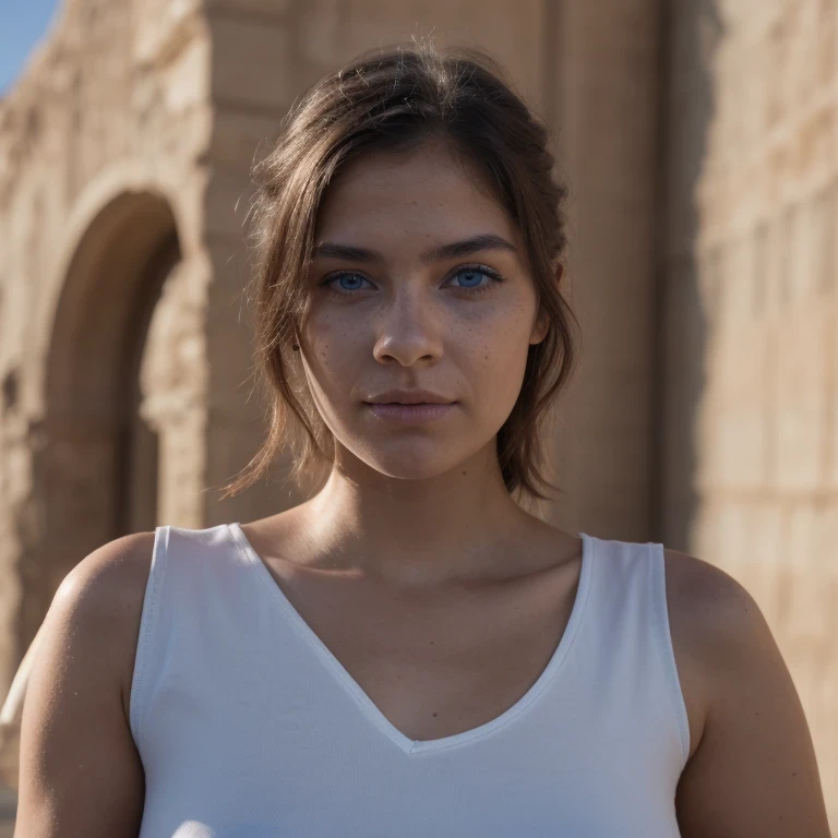 photo of a college student, in Desert Color Coarse Linen Pink,Desert Color Coarse Linen, (freckles:0.8) cute face, sci-fi, dystopian, detailed eyes, Heterochromia eyes((Side view))(Dune 2)((Cobalt blue eyes))
