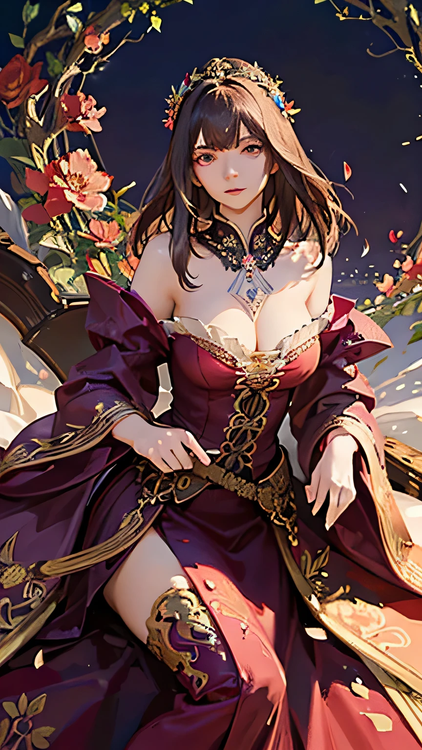 (highest quality, High resolution), Glowing Eyes, Delicate facial features, Vibrant colors, Dreamy atmosphere, Fantasy Theme, Floral Background, Graceful Movement, Detailed clothing, loose fitting dress, Elegant fashion, Magic lighting, Mysterious Aura, Heavenly Beauty, Magic thread, Whimsical elements,Big Breasts、Red attire、Colorful costumes、lingerie、Purple outfit