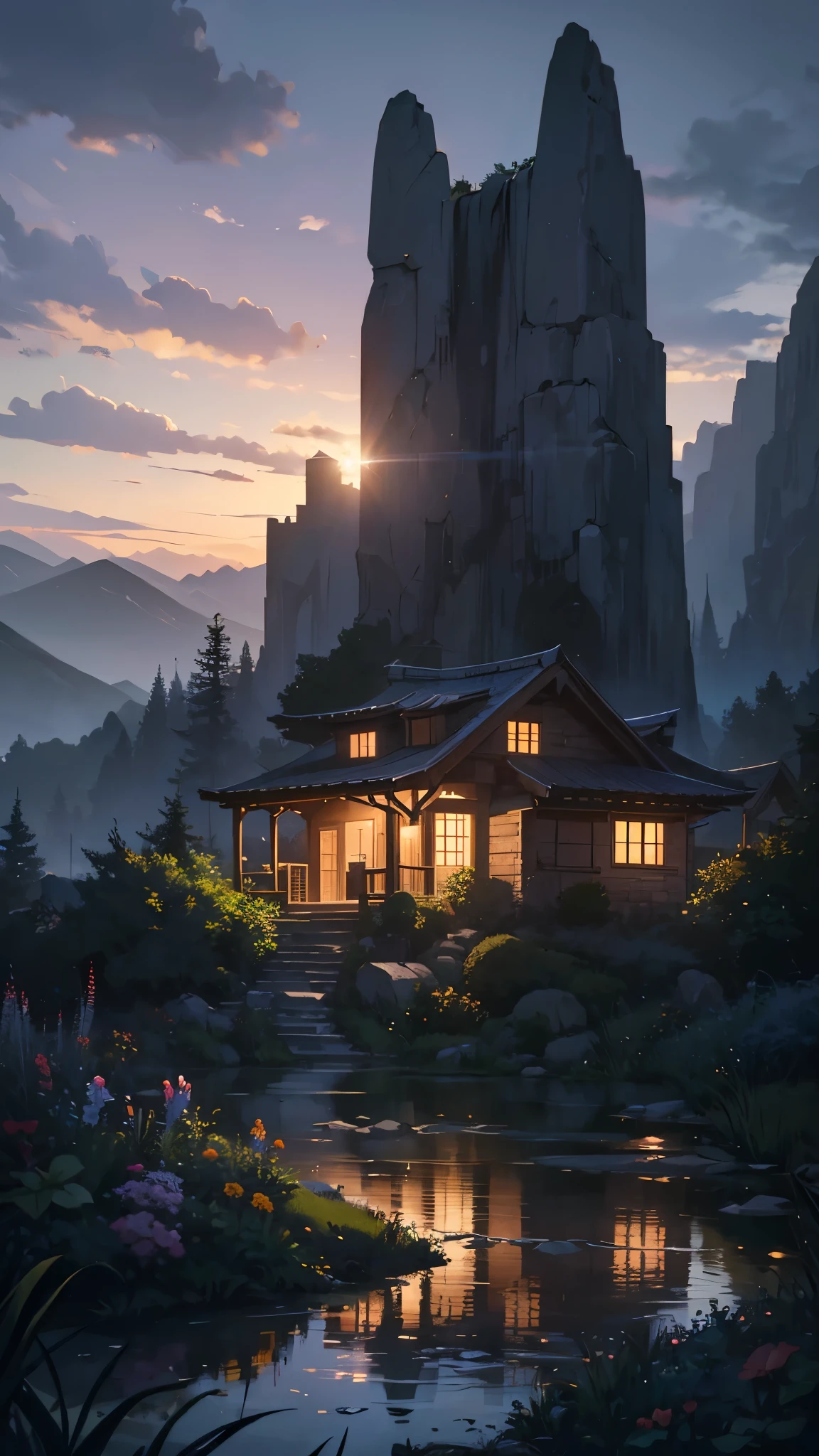 There's a far away small house on the mountain, with the garden, play dog in garden, cloudy background anime style, 8k, details, clear. night, dark lighting window
