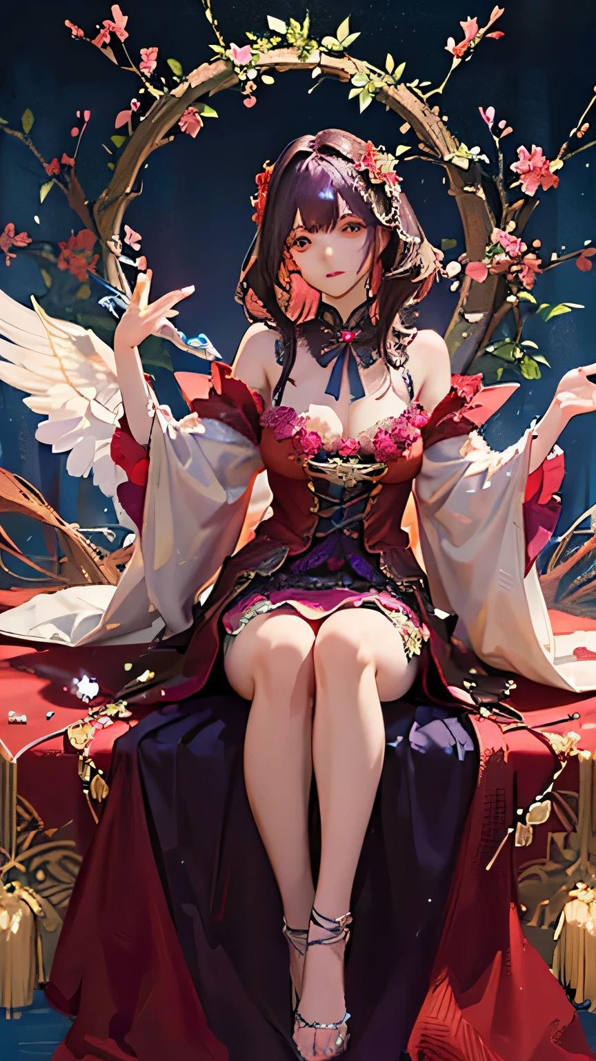 (highest quality, High resolution), Glowing Eyes, Delicate facial features, Vibrant colors, Dreamy atmosphere, Fantasy Theme, Floral Background, Graceful Movement, Detailed clothing, loose fitting dress, Elegant fashion, Magic lighting, Mysterious Aura, Heavenly Beauty, Magic thread, Whimsical elements,Big Breasts、Red attire、Colorful costumes、lingerie、Purple outfit