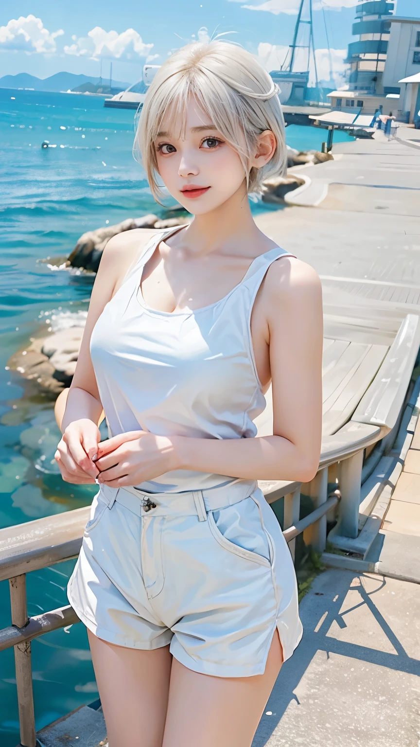 White Short Hair、Shortsとパーカーを着た可愛らしい美少女、Short white hair fluttering in the wind、Shortsとパーカーは彼女の活発な性格を表しており、Perfect for seaside adventures。
There'In the smile beneath。Her eyes are bright、Deep blue like the sea、The interior is full of vitality and energy..。She is standing on the beach、Stroking her hair and hoodie, Blown by the sea breeze、smiling and looking at the sea。
Shortsはな動きを可能にし、Perfect for seaside adventures、Blending into the ocean scenery、Skin exposure is modest、Please describe her in a way that highlights her lively and cheerful personality..。This beautiful girl、White Short Hair、Shorty hoodie fluttering in the wind、The photograph is expressed as one that is integrated with the deep beauty of the sea..。