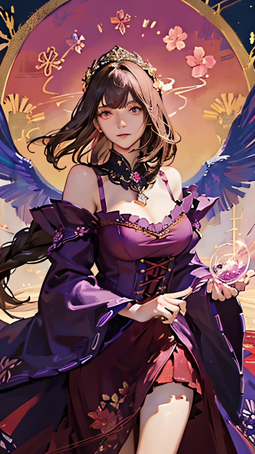 (highest quality, High resolution), Glowing Eyes, Delicate facial features, Vibrant colors, Dreamy atmosphere, Fantasy Theme, Floral Background, Graceful Movement, Detailed clothing, loose fitting dress, Elegant fashion, Magic lighting, Mysterious Aura, Heavenly Beauty, Magic thread, Whimsical elements,Big Breasts、Red attire、Colorful costumes、lingerie、Purple outfit