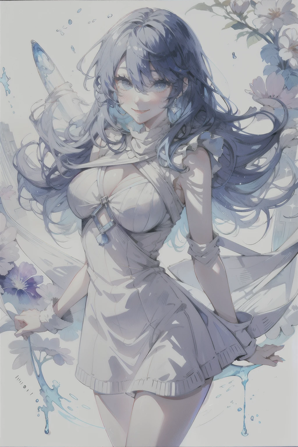 8k,masterpiece,highest quality,Dynamic pose,Beautiful woman with long hair,smile:1.6,White sweater dress, slim,,Watercolor \(Moderate\)