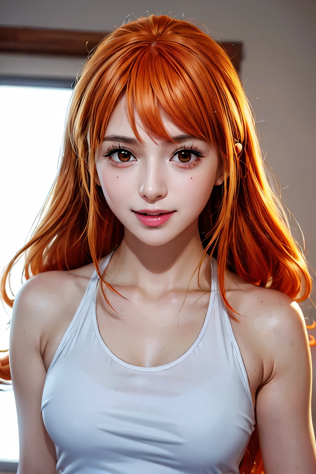 (((masterpiece))), (((highest quality))), ((Very detailed)), (Highly detailed CG illustrations), we, (Browsing Caution:1.2), (masterpiece:1.5), Detailed Photos, smile, sexy, (highest quality: 1.4), (One girl), beautiful Face, (Orange Hair, Long Hair: 1.3), beautiful Hairstyle,  beautifulディテールの目, (Realistic Skin), beautiful肌, Absurd, Charm, 超High resolution, High resolution, (Sexually excited:1.5), Pinkish white skin, Cool white light, sexyなポーズ, beautiful , White Background, Pink soft white light, Wearing a white tank top,