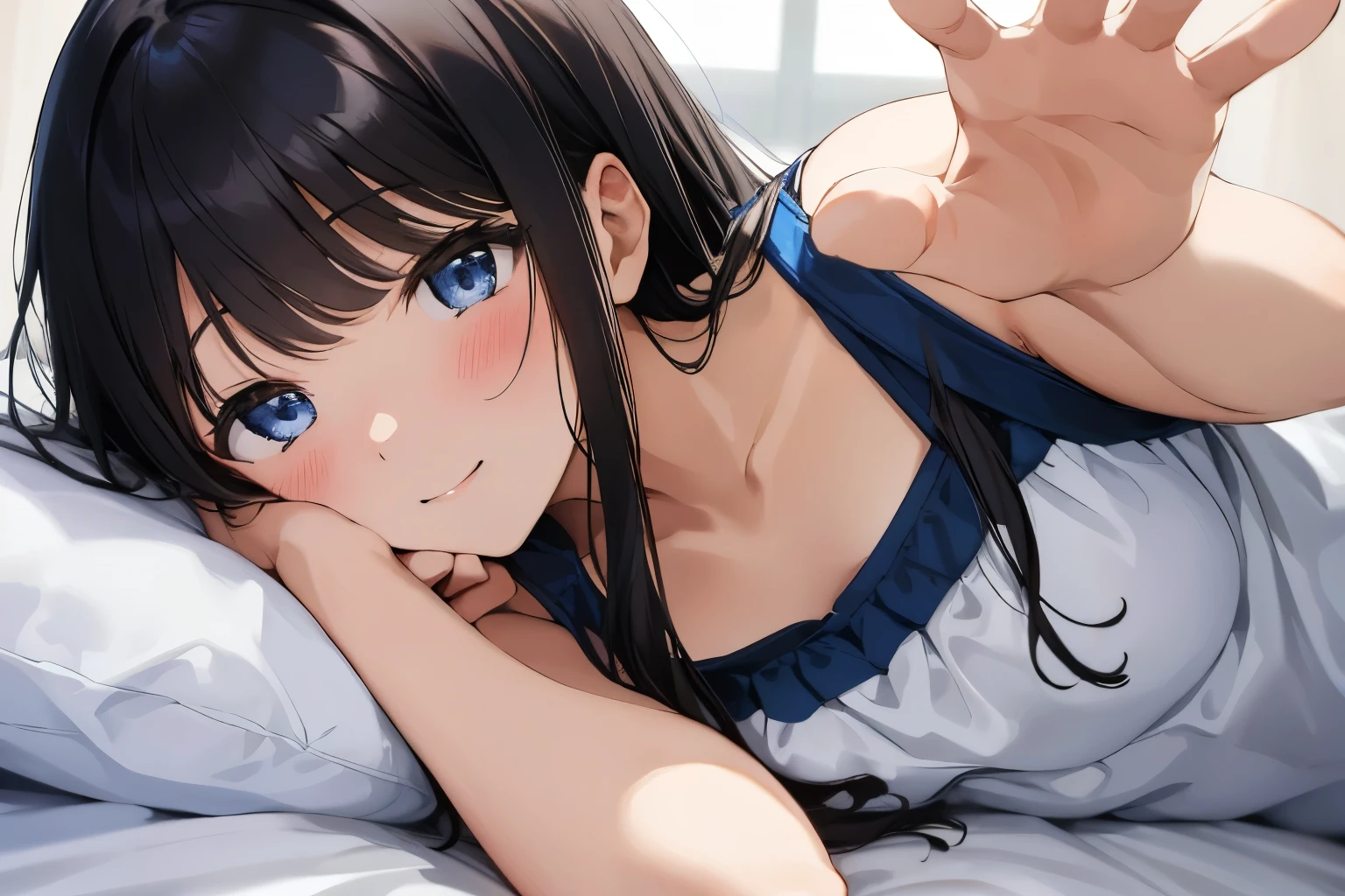 Masterpiece、highest quality、1 female、Super detailed　Black Hair、bangs　Blue Eyes、Detailed depiction of the eyes　Smiling、blush　camisole　Face is close、Facial Close-up、Bring your face closer　Sheetsに肘をつく、Bend your elbows to the side、Spread your shoulders、Put one palm towards you、Raise one arm、Spread your arms、Sheetsを持ち上げる　Sheets