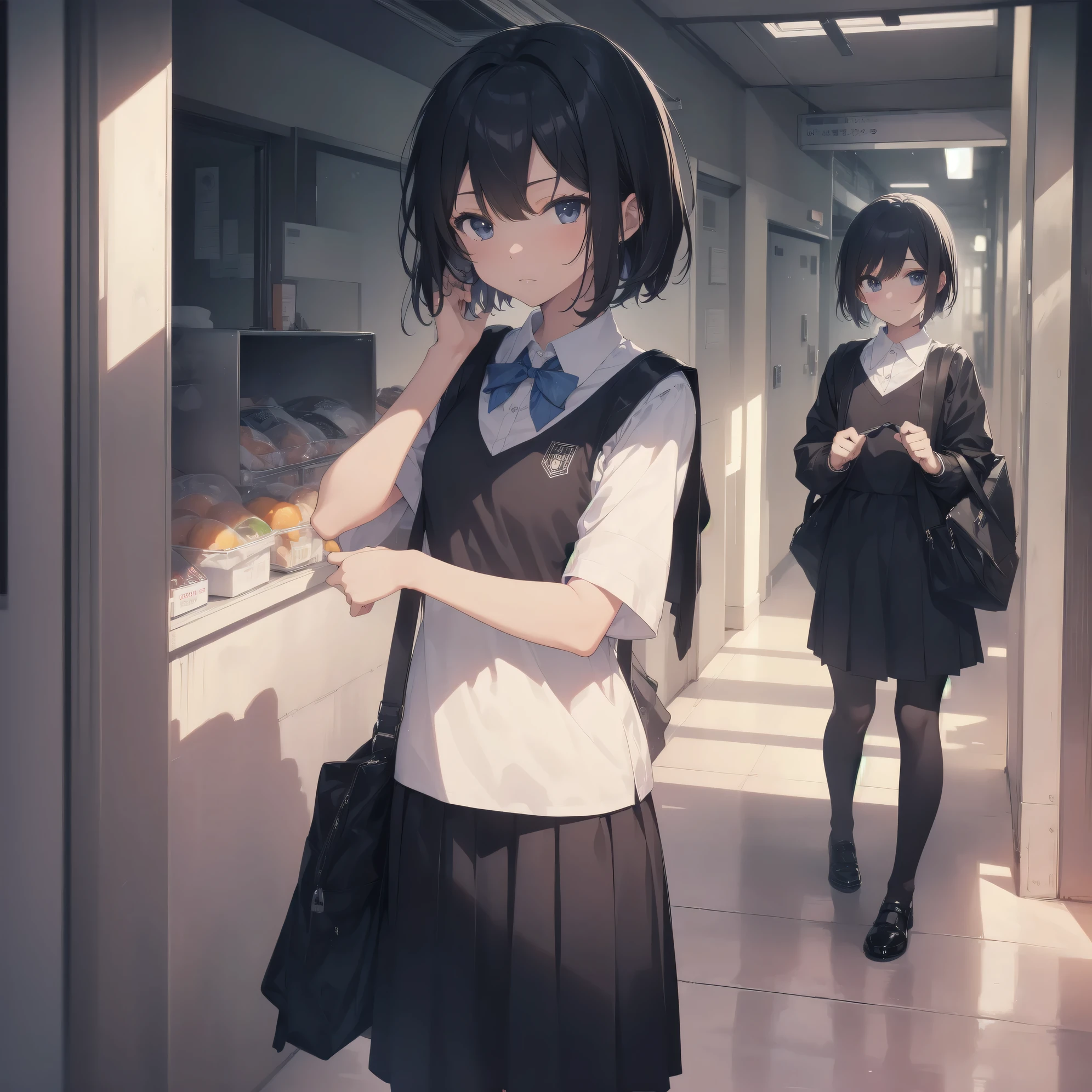 ultra-absurdres-Top quality by artist God, ultra-detailed, high resolution, anime moe artstyle, best anime 8k konachan wallpaper, pixiv contest winner, pool:2810, perfect anatomy,break, 1girl, (Please draw a girl walking sleepily to school alone. )break,(Solo,little female, -yeld:1.Full limbs, complete fingers,a junior hishort hair), short cut, flat chest, , small butt, small black eyes, beautiful detailed eyes, well-proportioned iris and pupils, expressive eyes, highres detailed hair, soft expression, school_uniform, bowtie, collared shirt. pleated skirt,(Detailed Lighting), (Detailed background), in the School commute route. break,super detailed skin, Best cinematic lighting powered by famous artist, 8k,beauty illustration,photoshop_(medium),very aesthetic,break,((artist:phantom_ix_row )), artist:bolze ,artist:oyari ashito ,artist:kantoku ,