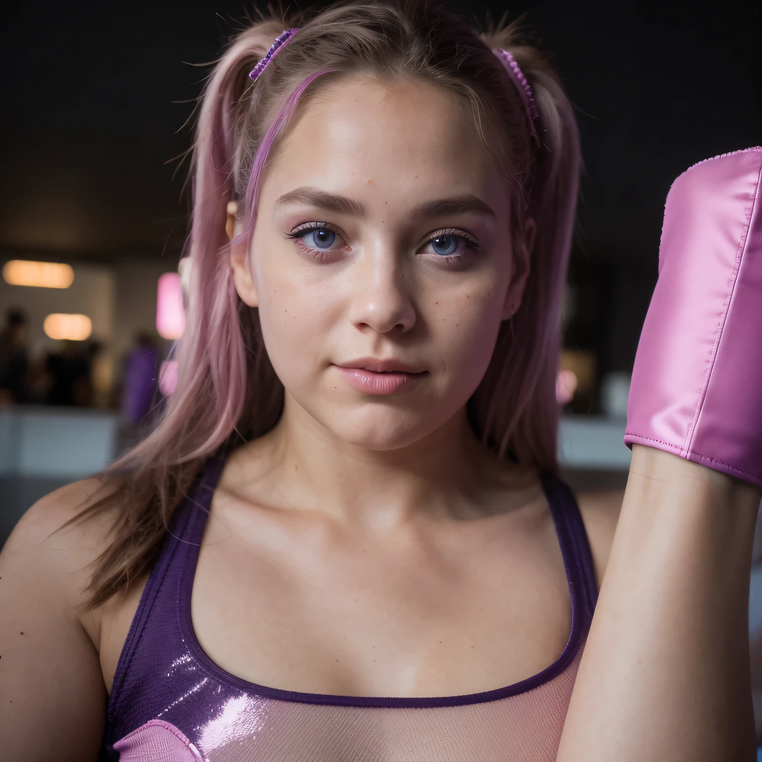 photo of a college student, in Purple Pink, futuristic space suit, (freckles:0.8) cute face, sci-fi, dystopian, detailed eyes, Heterochromia eyes((Side view))