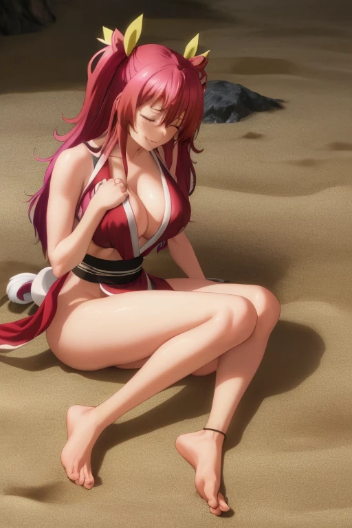 masterpiece, best quality, beautiful art, high resolution, well formed hands, body and fingers, 1 woman, solo, Stella Vermillion, grown up, adult, big breasted, cleavage, full body, cosplaying as Mai Shiranui, long hair , hair ribbon, gorgeous legs and thighs, ryona , in peril, , defeated , knocked out, passed out, unconscious, closed eyes, laying down on the sand, exposed extended body, sexy defeated pose, sexy smirk on her face, showing vulnerability and helplessness, defeat and KO scene, martial arts tournament on the beach