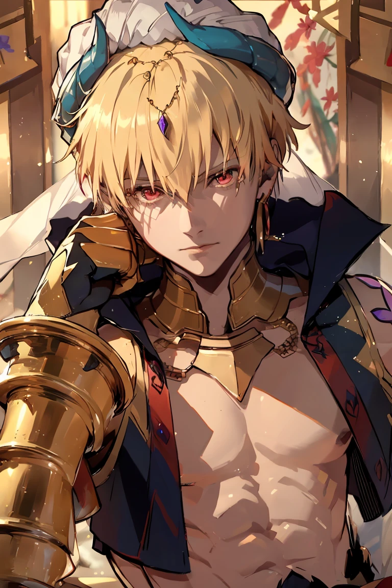 fate grand order (absurdres, highres, ultra detailed, HDR), masterpiece, best quality, Gilgamesh, 1man, solo, handsome, short hair, blonde hair, vibrant red eyes, finely eye and detailed face, golden earrings, water, pink lotus, petals