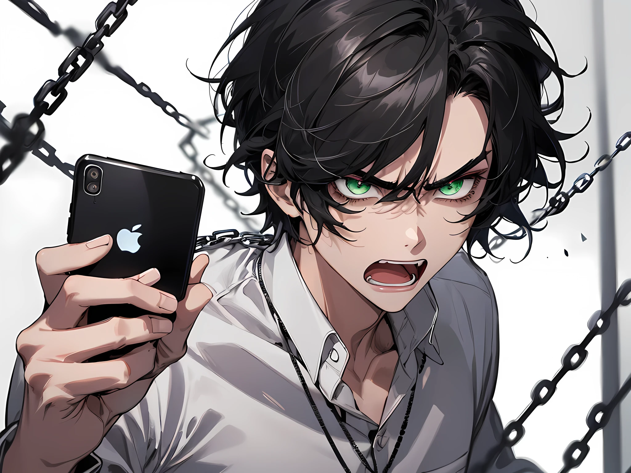 1 man holding smartphone, smart phone shining, green eyes, black hair, white shirt, angry face, chain on his body, background chain, detailed eyes, detailed face, angry face, open mouth, holding phone, hlod smart phone