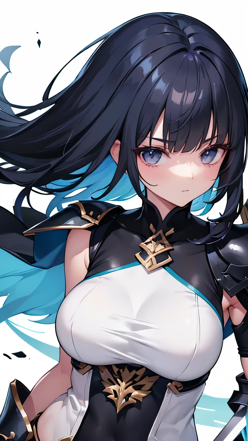 (Holds a magic sword), (Cool girl), Swordsman, (Shiny black hair), Bangs covering her eyes, Armor