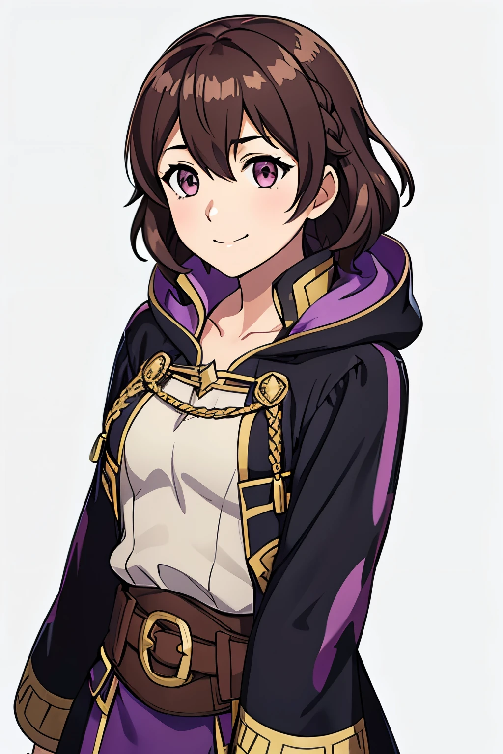 (high-quality, breathtaking),(expressive eyes, perfect face) 1girl, female, solo, portrait, Fire Emblem Awakening, Symmetrical Eyes, white background, Robin (Fire Emblem: Awakening), dark Brown hair color, short hair length, messy wavy hair, hair ornament, upper body, pink eyes, Black and purple robe, gold trim, hood, white shirt, brown belt, tomb, positive expression, cute smile, detailed eyes, adorable face, short height, Arms down, female robin (fire emblem), dark brown hair, braided bang, ribbon in hair, character portrait
