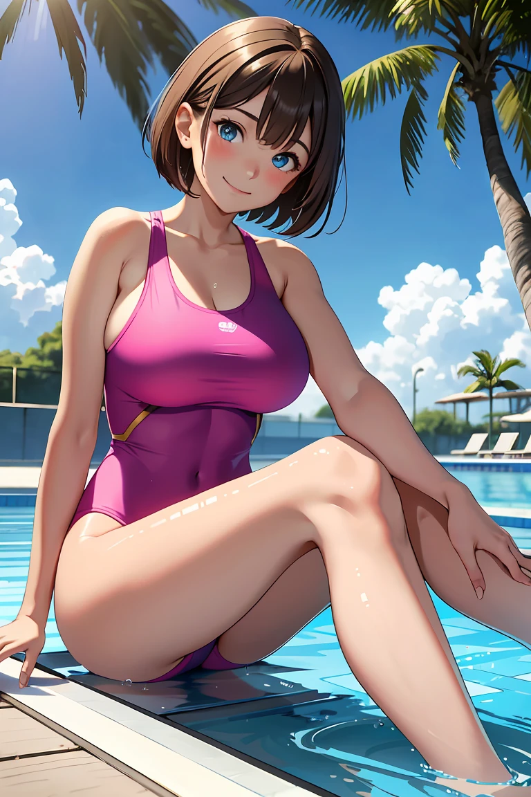 smile, A  young girl with brown short hair, sweat, gigantic breast, sky-blue eyes, wearing a pink one-piece swimsuit, sitting on a poolside. She is dipping her feet in the water. 