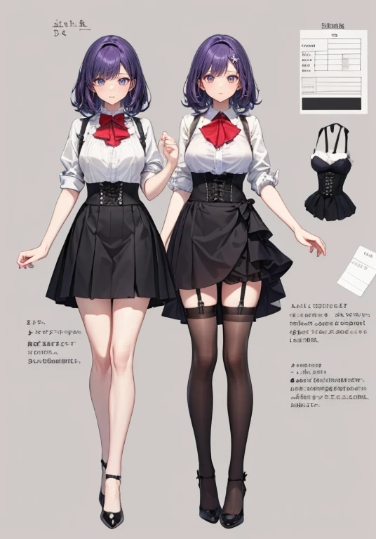 Purple Hair,Shortcuts,Adult female,(bartender),((Body Harness)),((Roll up your shirt sleeves)),(corset),(Tight Skirt),((garter belt)),(High heels),((Simple Background)),smile,((whole body)),((whole body)),Character Sheet,