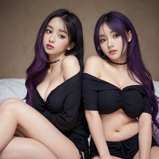 off shoulder, (twins womans) , deep cleavage, long hair, purple bikini style, wrapped in dirty rags , black shirt, purple haired , big boob, absurd, beautiful face , beautiful eyes, perfext body. Full body shoot , sitting , happy , squirt , indonesian , bedroom background