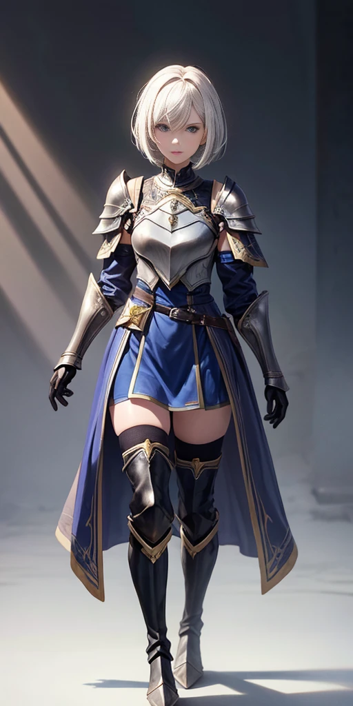 full body, def_effie, blue breastplate, blue skin, looking at viewer, shiny,armor, thighhighs, high boots,shoulder armor, faulds, poleyn, gloves, gauntlets,
