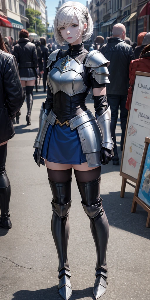 full body, def_effie, blue breastplate, blue skin, looking at viewer, shiny,armor, thighhighs, high boots,shoulder armor, faulds, poleyn, gloves, gauntlets,