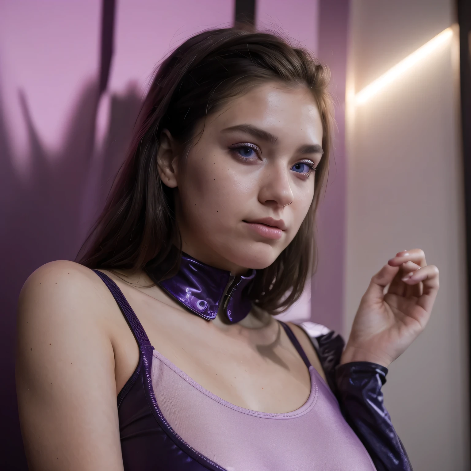 full body picture, 25 year old girl, one girl, ultra realistic, (lilac pastel colored hair:1,7), Kodak look, 165cm tall, low contrast, filmgrain, wearing bondage outfit , leather outfit, mysterious domina, elegant surroundings, moody lighting, low angle, high cheek bones, strict look, big dark blue eyes, shoulder long hair, (freckles on face:1.4), slim waist, safe for work,