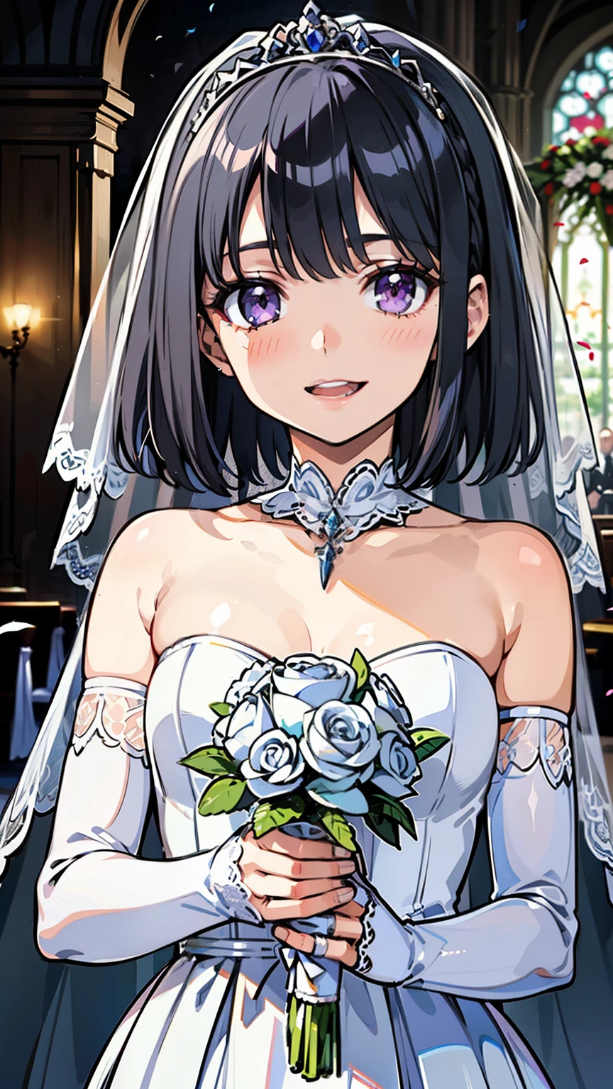 1 Female, (beauty woman:1.3), 8K, highest quality, masterpiece, Very detailed, Ultra-high resolution, Realistic, RAW Photos, Absolute Resolution, Black Hair, Bobcut, Small face compared to body, Very small face, Black Hair, ((Pure white wedding dresses)), ((tiara)), ((Long and wide wedding veil)), Small breasts, tall, Slanted Eyes, Purple Eyes, White Stockings, White garter belt, toothless smile, Chapel, (Holding a wedding corsage in each hand:1.3), Open your mouth, smile, upper body, looking at viewer, blurry background,