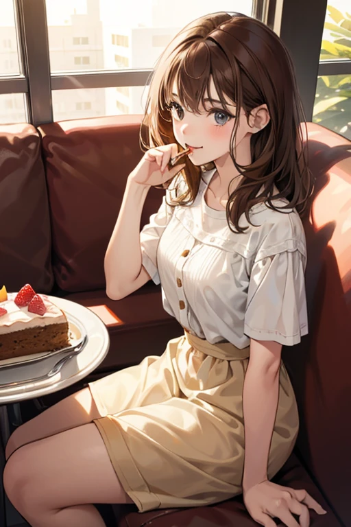 1girl,solo,brown hair and medium hair,happy,cute,in cafeteria,cake on the table, she eat the cake,she sitting a sofa, from the front