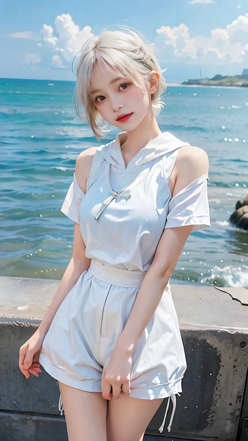 White Short Hair、Shortsとパーカーを着た可愛らしい美少女、Short white hair fluttering in the wind、Shortsとパーカーは彼女の活発な性格を表しており、Perfect for seaside adventures。
There'In the smile beneath。Her eyes are bright、Deep blue like the sea、The interior is full of vitality and energy..。She is standing on the beach、Stroking her hair and hoodie, Blown by the sea breeze、smiling and looking at the sea。
Shortsはな動きを可能にし、Perfect for seaside adventures、Blending into the ocean scenery、Skin exposure is modest、Please describe her in a way that highlights her lively and cheerful personality..。This beautiful girl、White Short Hair、Shorty hoodie fluttering in the wind、The photograph is expressed as one that is integrated with the deep beauty of the sea..。