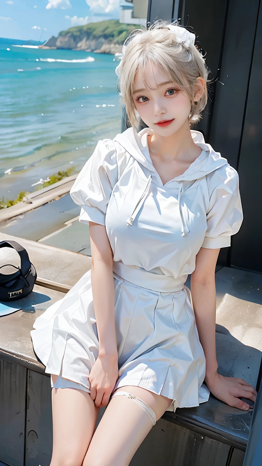 White Short Hair、Shortsとパーカーを着た可愛らしい美少女、Short white hair fluttering in the wind、Shortsとパーカーは彼女の活発な性格を表しており、Perfect for seaside adventures。
There'In the smile beneath。Her eyes are bright、Deep blue like the sea、The interior is full of vitality and energy..。She is standing on the beach、Stroking her hair and hoodie, Blown by the sea breeze、smiling and looking at the sea。
Shortsはな動きを可能にし、Perfect for seaside adventures、Blending into the ocean scenery、Skin exposure is modest、Please describe her in a way that highlights her lively and cheerful personality..。This beautiful girl、White Short Hair、Shorty hoodie fluttering in the wind、The photograph is expressed as one that is integrated with the deep beauty of the sea..。
