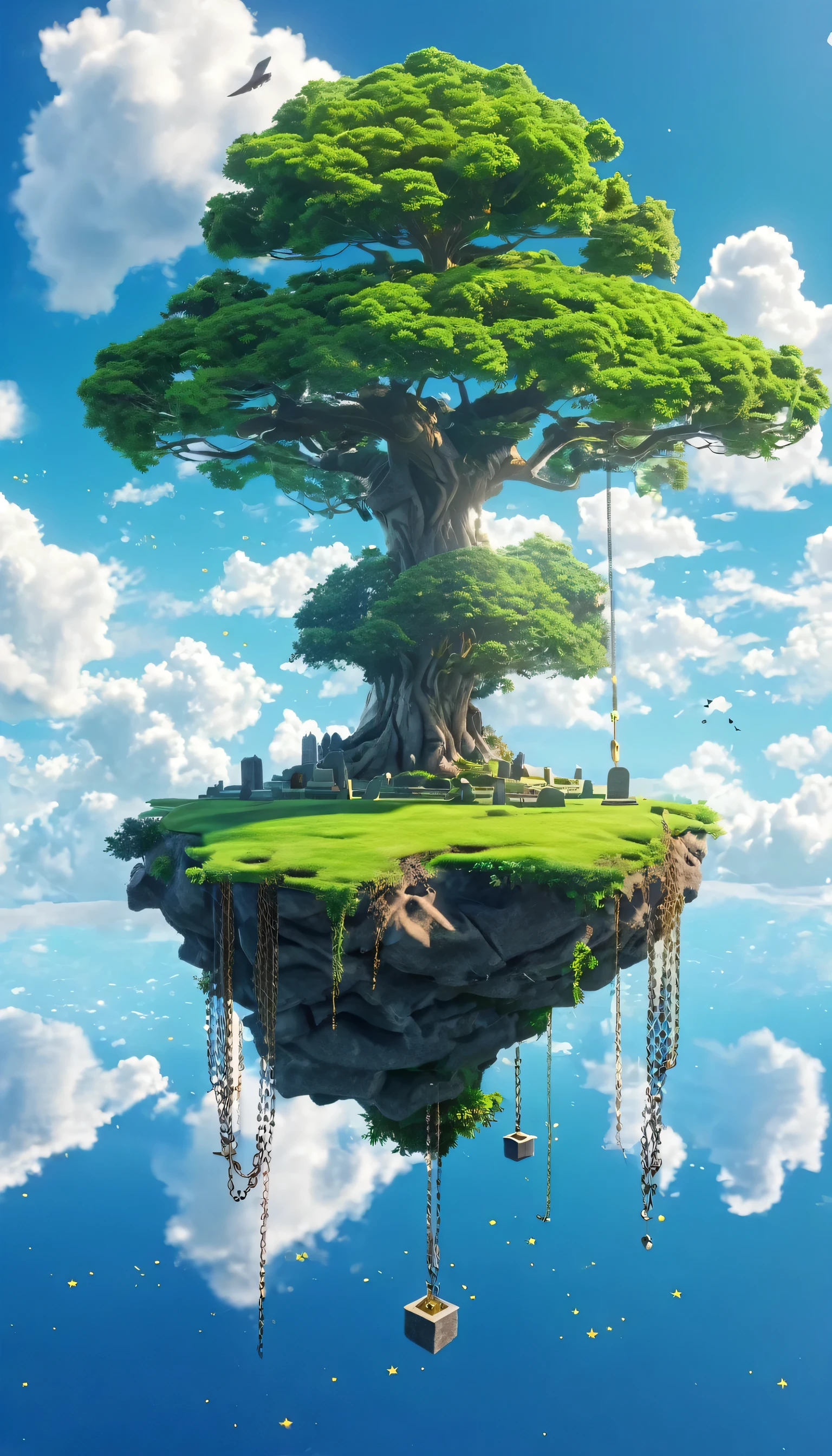 ((A beautiful floating island in the sky, a single tree, daytime, stars, cloudoon, gravestone. An enormous chain attached to the island