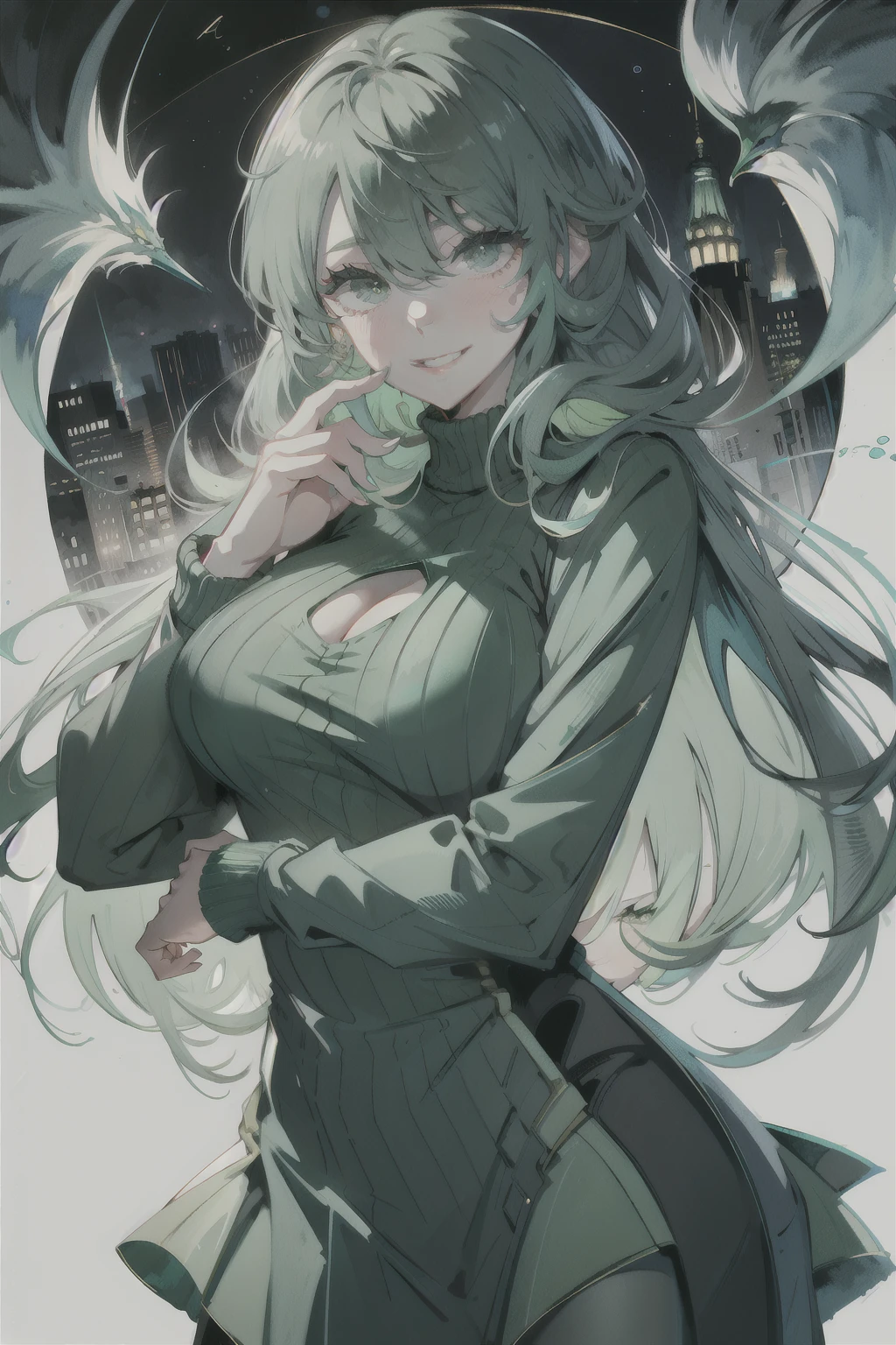 8k,masterpiece,highest quality,Dynamic pose,Beautiful woman with long hair,smile:1.6,Green Sweater Dress, slim,,Watercolor \(Moderate\)