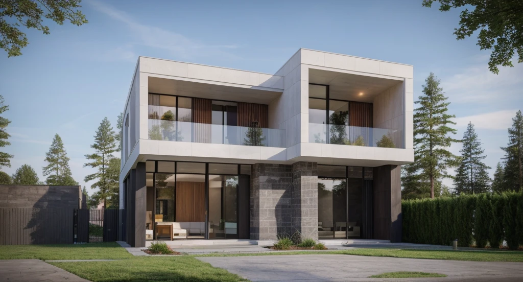 (masterpiece),(high quality), best quality, real,(realistic), super detailed, (full detail),(4k),8k,modern house exterior design,Modern architecture,Sandstone,whitewall,Beautiful_sky,Day light, no_humans, outdoors,sky,tree,Garden flower front of building,