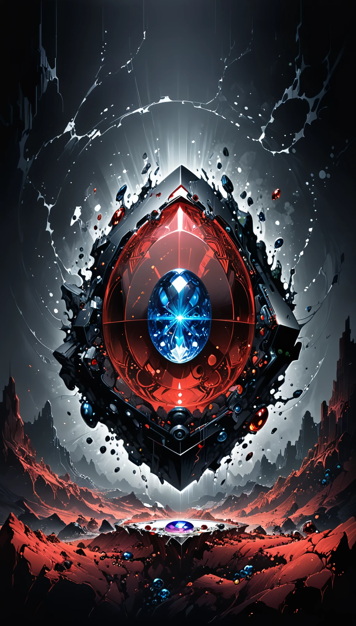 (artist by Nick Veasey,Abstract D'Oyley,Olly Moss:1.1),(Mysterious Landscape:1.3),suspenseful, Fantasy,Dark,shadowy, atmospheric, dark colors (A miracle stone showing modern technological patterns:1.3), leaving the viewer suspended in a state of numb indifference."(A miracle stone showing modern technological patterns:1.3), leaving the viewer suspended in a state of numb indifference, (Dangerous fantasy monster:1.3), Miracle Stone, (future technology:1.3)(red, dark red color palette:13)