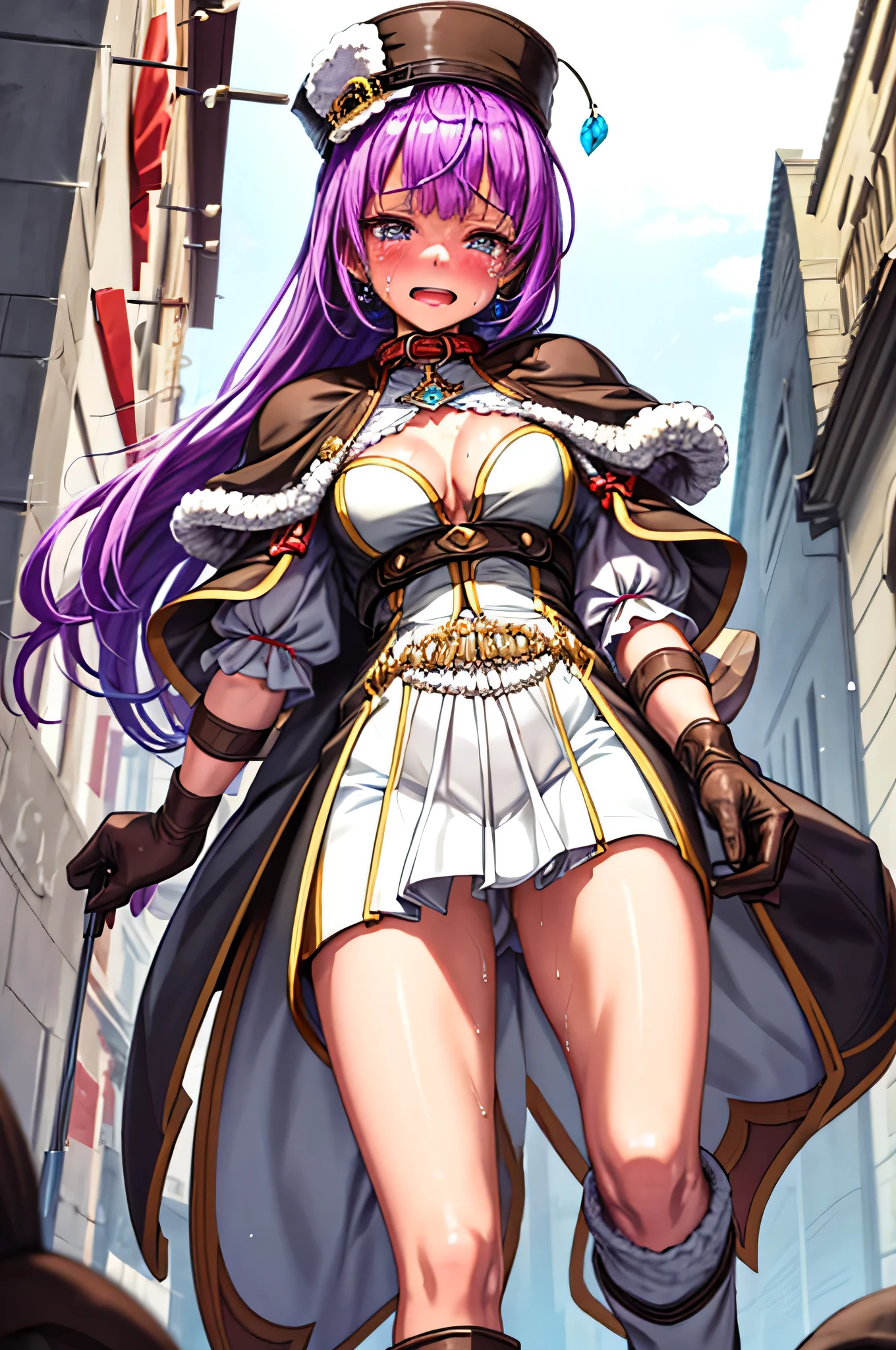 (best quality:1.3), (masterpiece, super fine illustration), high resolution, delicate facial features, detailed outfit, textured skin, anatomically correct, Depth of field, BREAK RO Archmage, dress, fur cape, coat, leather collar, hat, belt, fur glove, fur knee boots, medium cleavage, ribbon, jewelry, BREAK NSFW, 1girl, looking away, (crying, tears), magic ray, wind lift, sweat, wet, sigh, blush, flying sweat drops, cinematic lighting, diffraction spikes, outdoors, dungeon, fantasy world,