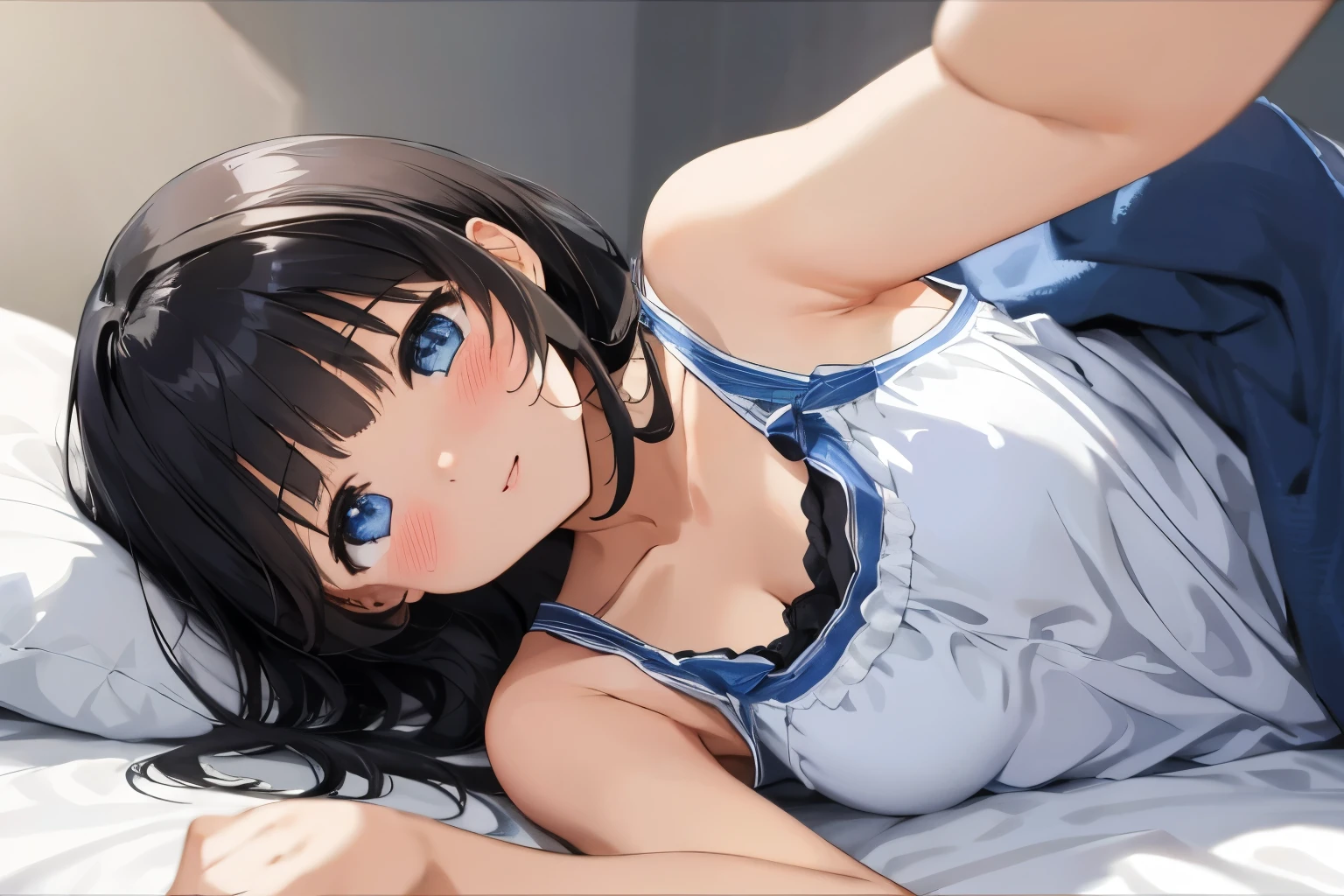 Masterpiece、highest quality、1 female、Super detailed Black Hair、bangs Blue Eyes、Detailed depiction of the eyes Smiling、blush camisole Face is close、Facial Close-up、Bring your face closer Sheetsに肘をつく、Bend your elbows to the side、Spread your shoulders、Put one hand out here、Raise one arm、Spread your arms、Sheetsを持ち上げる Sheets