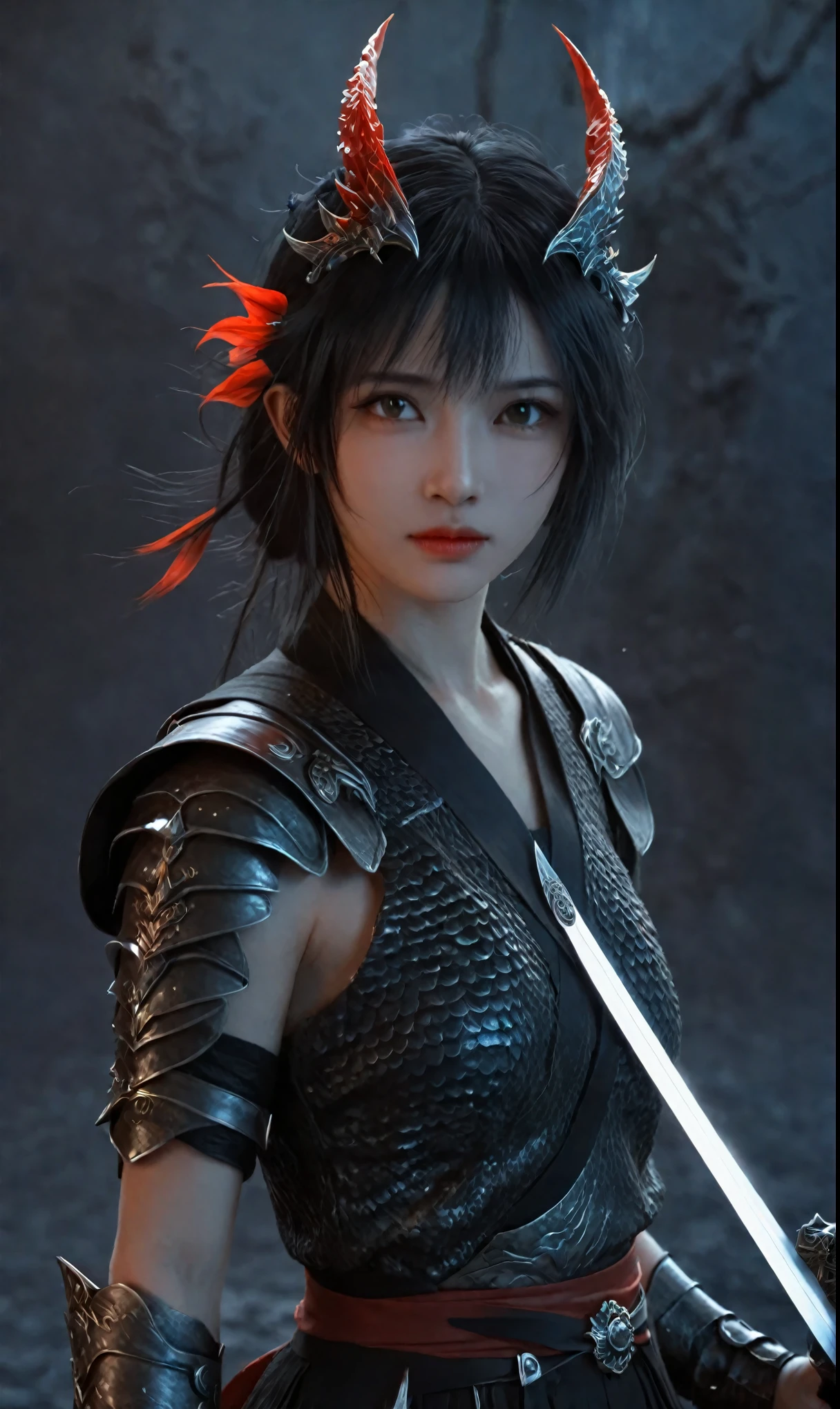 Female, fantasy, art, black, White, Red, Dragon, sword, sword, sword, sword, sword, sword, sword, sword,, by Yang J, dark fantasy style art, Epic fantasy art style, 2. 5 D CGI anime fantasy artwork, Fantasy art style, Fanart Meilleure ArtStation, Epic fantasy art style HD, 4K fantasy art