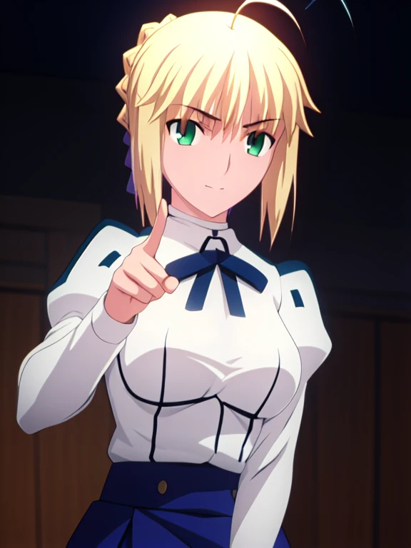 best quality, masterpiece, highres, realistic, detail, ray_tracing_graphic, solo, adult_female, {saber_fatestaynightufotable:1.15}, 1girl, blonde_hair, little_ahoge, green_eyes, blue_ribbon, anime_coloring, detail_full_body, detail_eyes, detail_skin, detail_background, detail_hair, happy, five_fingers, detail_finger, blush, large_breasts, white_shirt, blue_skirt,, from_the_front, house, night_time, looking_at_viewer, oily_skin, oily_face