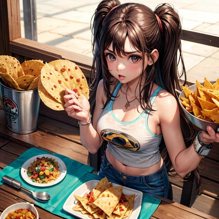 Woman wearing a poncho, tight tank top and tight hot pants eating tacos, tortillas and nachos at a Mexican food stall highest quality There is a bottle of coke on the table