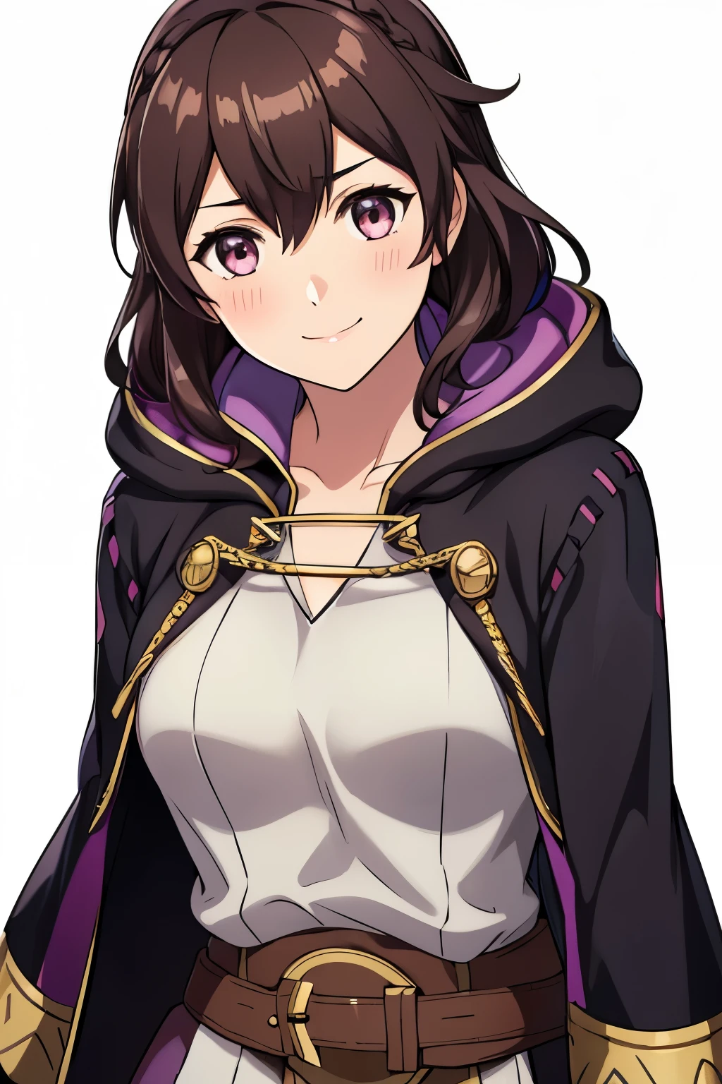 (high-quality, breathtaking),(expressive eyes, perfect face) 1girl, female, solo, portrait, Fire Emblem Awakening, Symmetrical Eyes, white background, Robin (Fire Emblem: Awakening), dark Brown hair color, short hair length, messy wavy hair, hair ornament, upper body, pink eyes, Black and purple robe, gold trim, hood, white shirt, brown belt, tomb, positive expression, cute smile, detailed eyes, adorable face, short height, Arms down, female robin (fire emblem), dark brown hair, braided bang, ribbon in hair, character portrait
