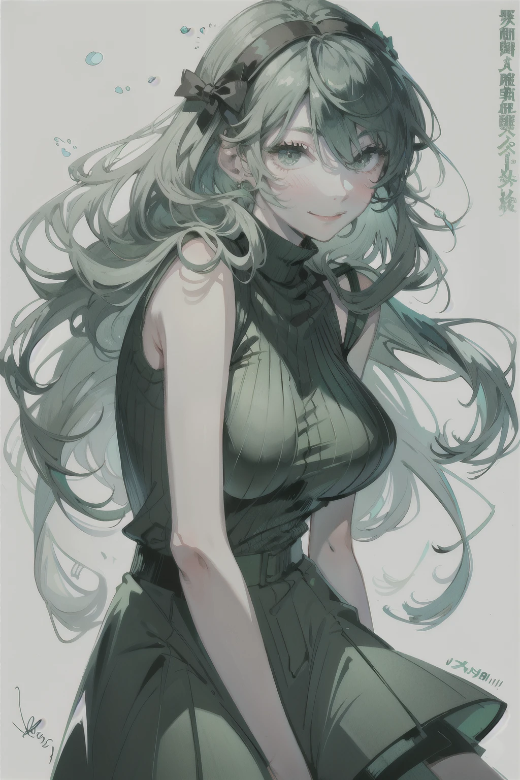 8k,masterpiece,highest quality,Dynamic pose,Beautiful woman with long hair,smile:1.6,Green Sweater Dress, slim,,Watercolor \(Moderate\)