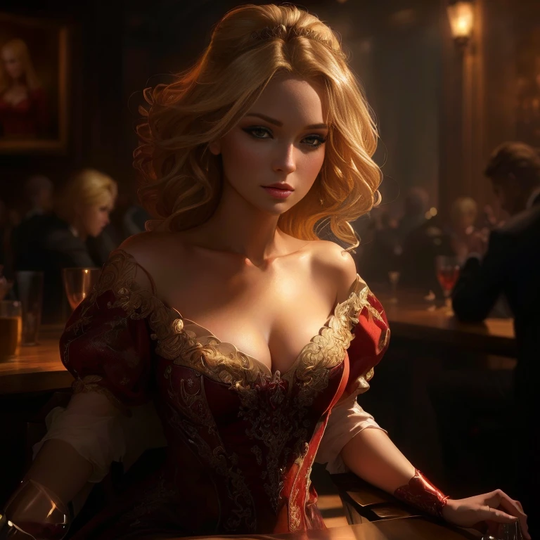 A blonde woman in a red dress is sitting at a bar holding a wine glass, Amazing character art, 8k high quality detailed art, Seductive hypnotist woman, Magnificent and elaborate character art, Highly detailed digital art in 4K, Beautiful character drawings, Beautiful digital art, 8K Portrait Rendering, Movie busts, A magnificent and elegant portrait, Best of Art Station