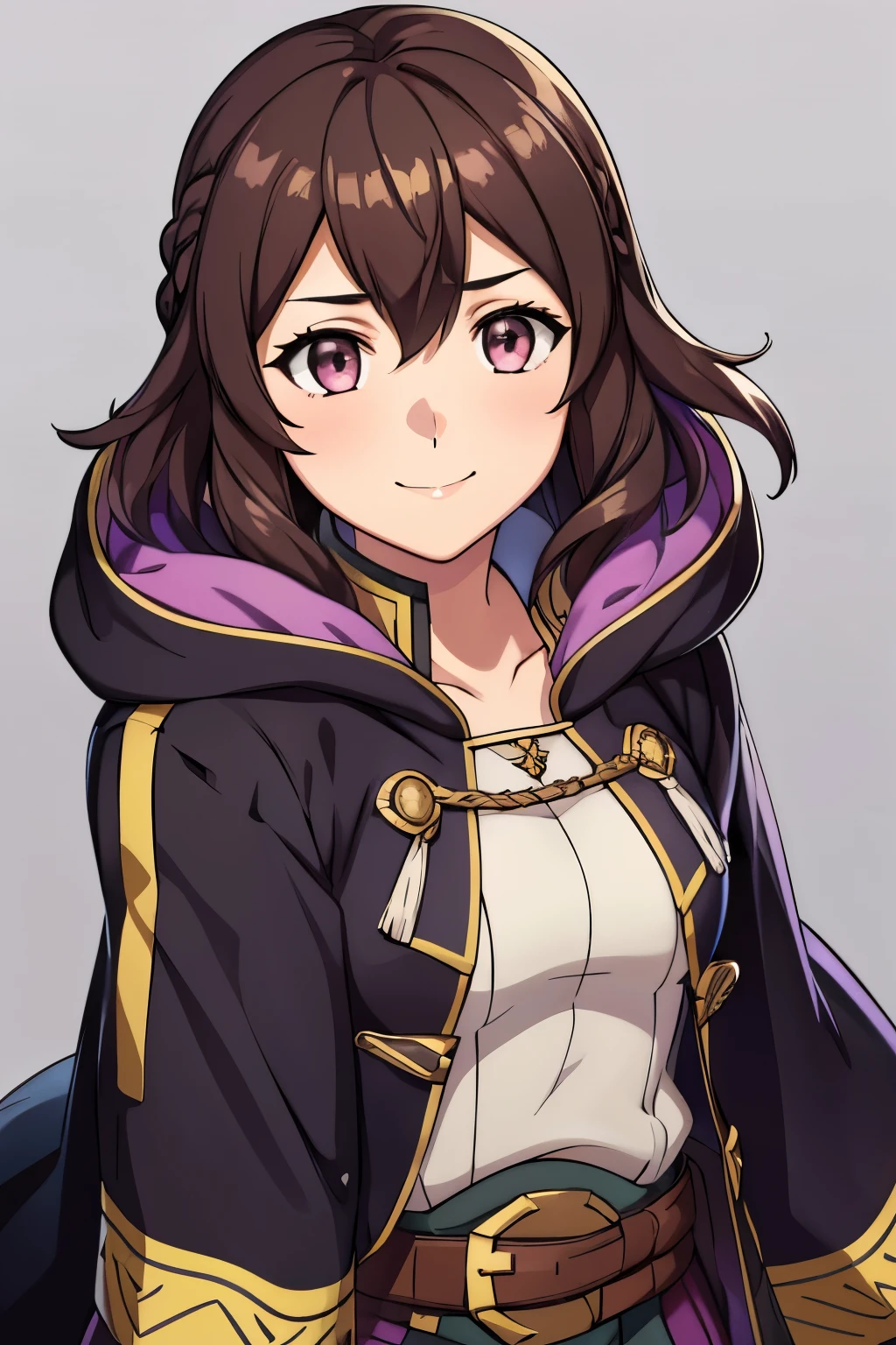 (high-quality, breathtaking),(expressive eyes, perfect face) 1girl, female, solo, portrait, Fire Emblem Awakening, Symmetrical Eyes, white background, Robin (Fire Emblem: Awakening), dark Brown hair color, short hair length, messy wavy hair, hair ornament, upper body, pink eyes, Black and purple robe, gold trim, hood, white shirt, brown belt, tomb, positive expression, cute smile, detailed eyes, adorable face, short height, Arms down, female robin (fire emblem), dark brown hair, braided bang, ribbon in hair, character portrait
